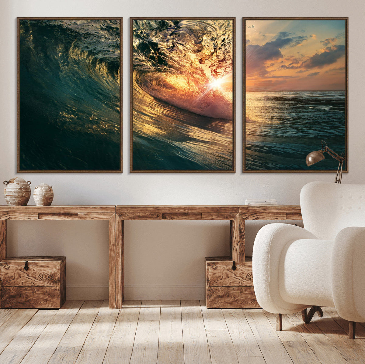 Ocean Wave Sunset Canvas Wall Art | Triptych Seascape Print
