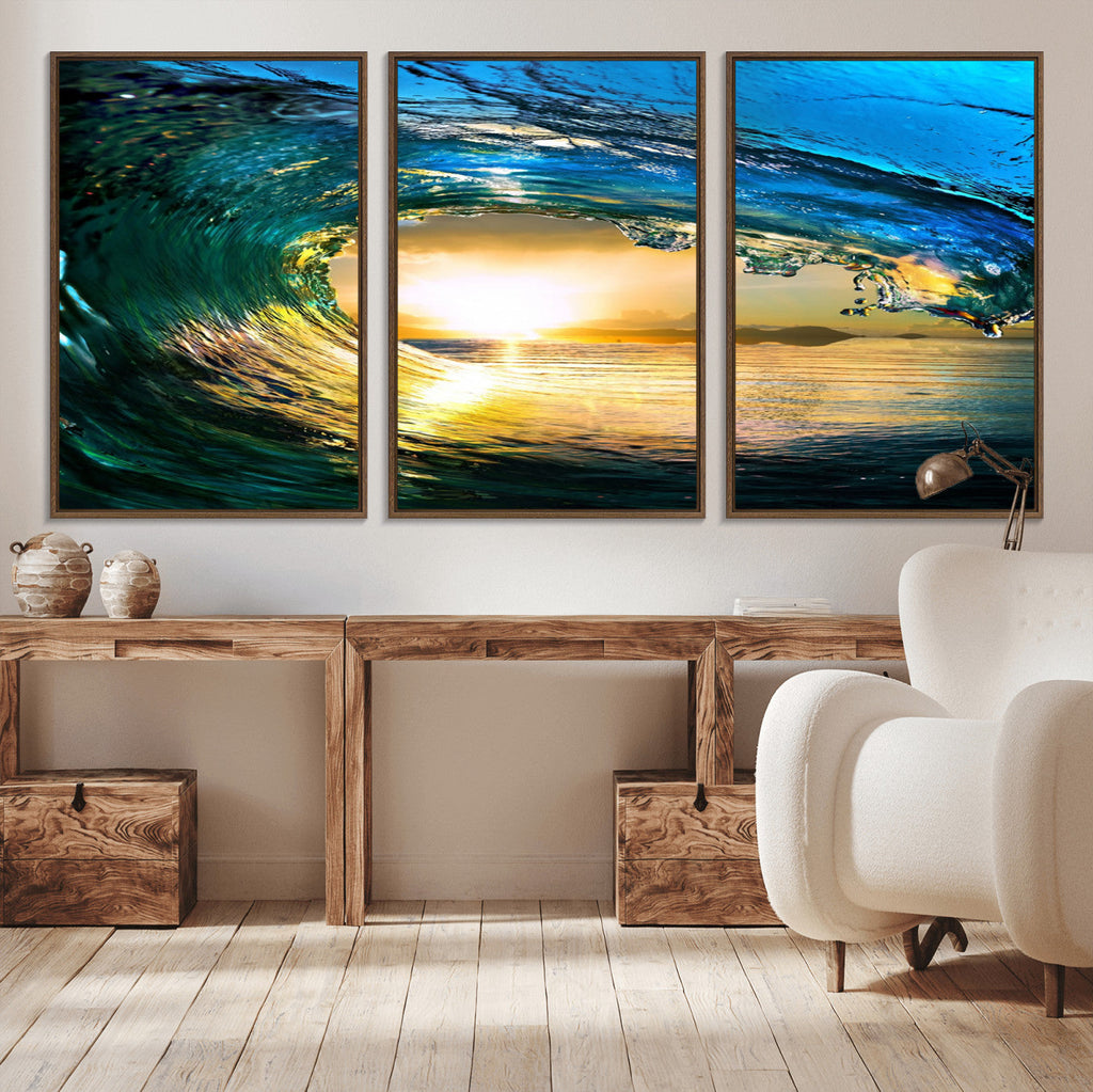 Ocean Wave at Sunset Canvas Art, Large Wall Print of Vibrant Surfing Wave