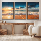 Golden Sunset Beach Triptych Canvas Art, Giclee Coastal Wall Decor, Ocean Waves Print