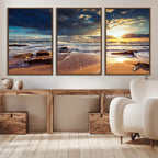 Golden Hour Beach Sunset Canvas Triptych, Ocean Waves and Rocks Wall Art