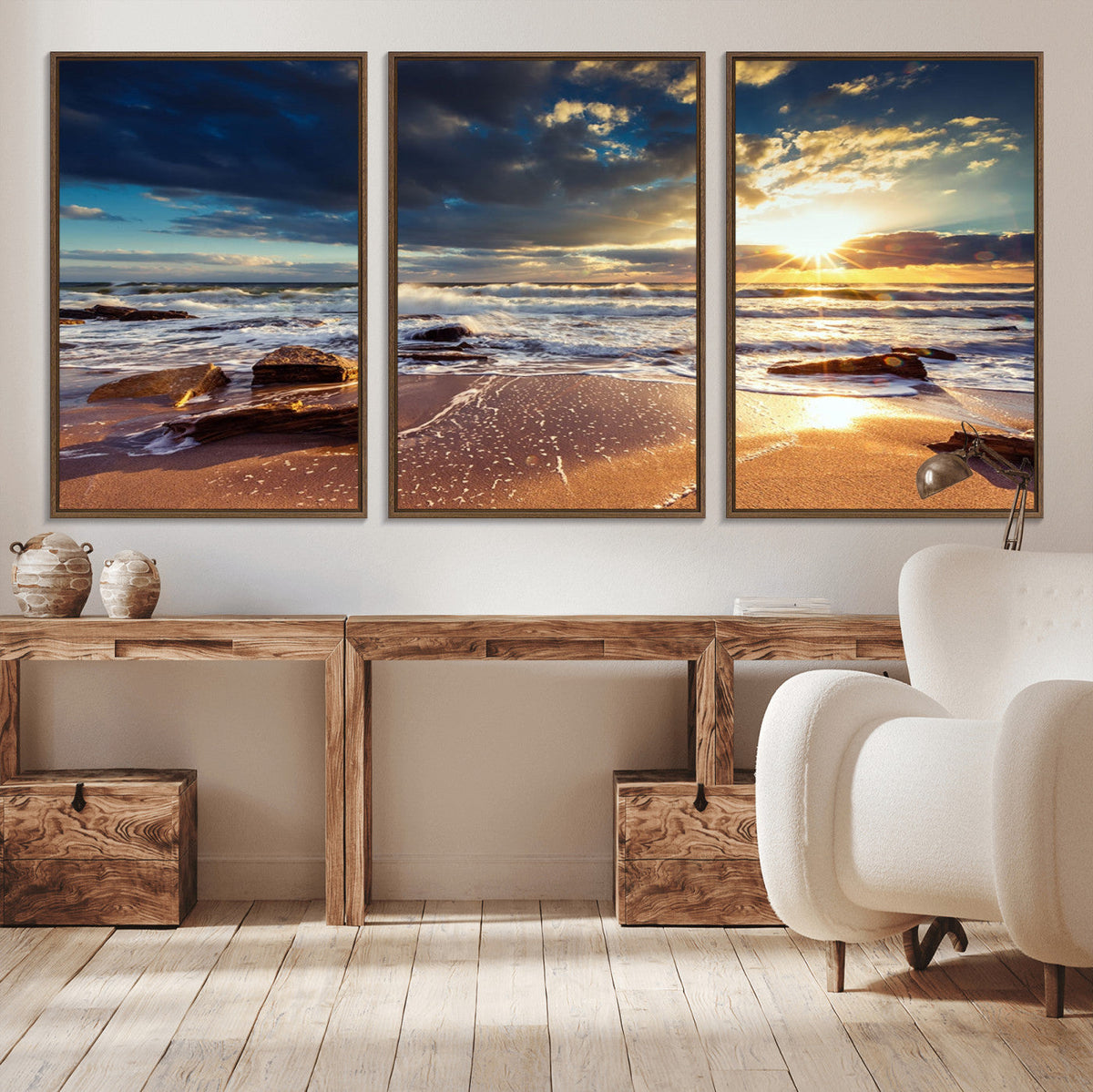 Golden Hour Beach Sunset Canvas Triptych, Ocean Waves and Rocks Wall Art