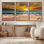 Golden Sunset Beach Canvas Wall Art | Triptych Seascape Print, Framed and Ready to Hang