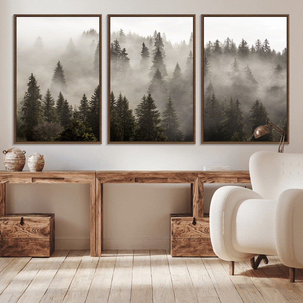 Foggy Mountain Wall Art | 3-Panel Foggy Forest and Mountain Landscape Canvas Print