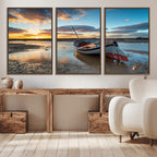 Small Boat At The Beach Sunset Wall Art, Boat Sunset Wall Art Canvas Print