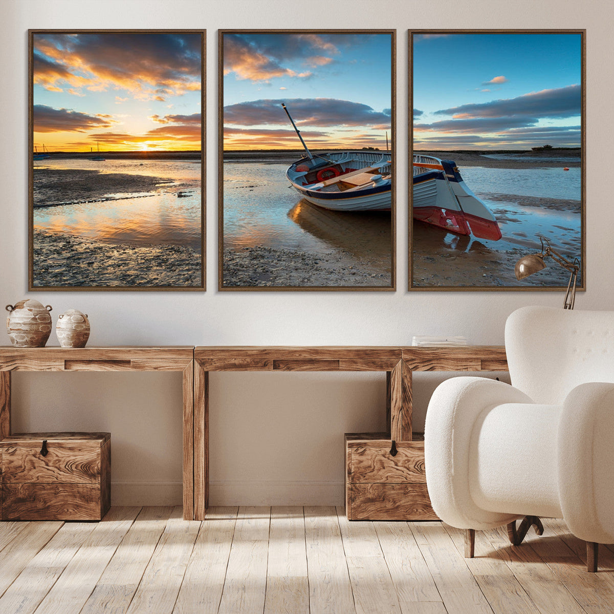 Small Boat At The Beach Sunset Wall Art, Boat Sunset Wall Art Canvas Print