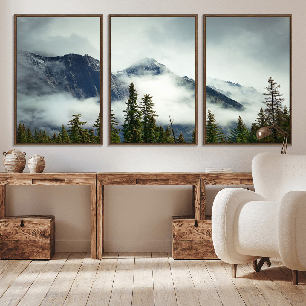 Mountain Mist Canvas Wall Art Print | 3-Panel Foggy Forest and Mountain Landscape