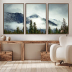 Mountain Mist Canvas Wall Art Print | 3-Panel Foggy Forest and Mountain Landscape