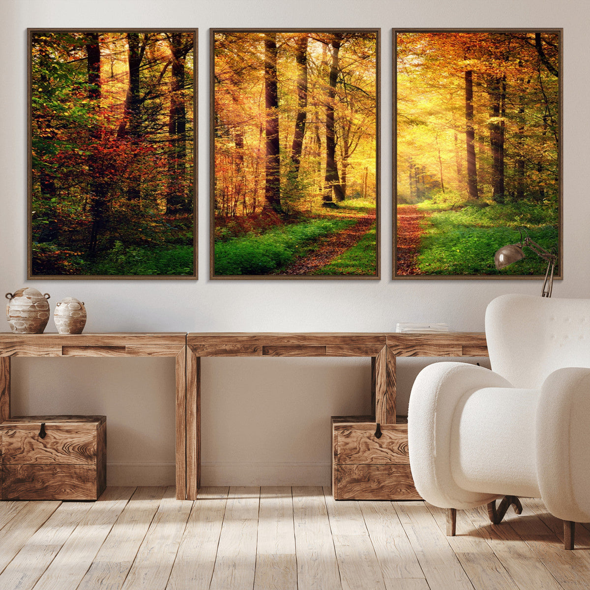 Sunlight Through Trees Wall Art Canvas Print | Autumn Forest Wall Art