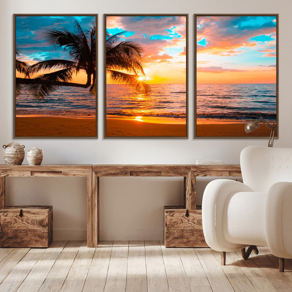 Palm Tree Sunset On The Beach Wall Art Canvas, Framed Palm Tree Sunset Canvas Print