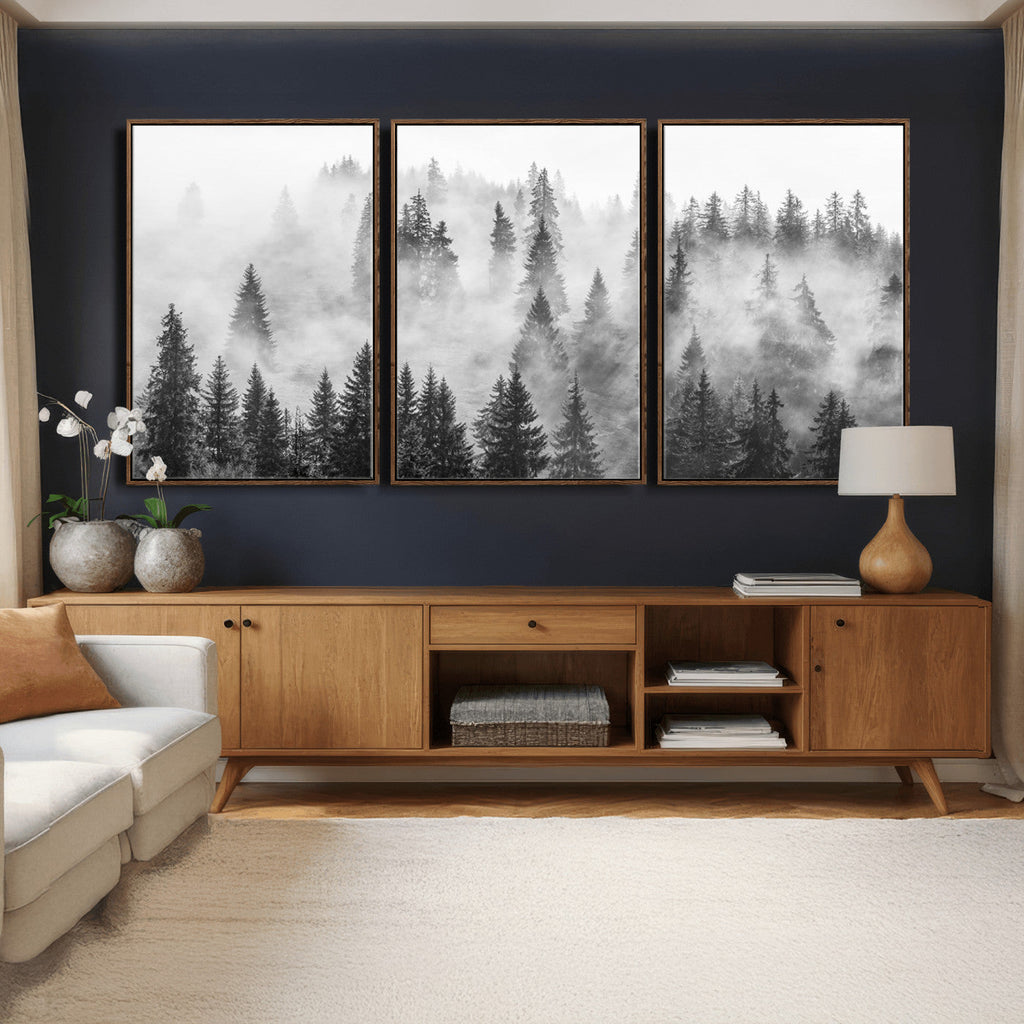 Forest Wall Art Print | Foggy Pine Forest Canvas Wall Art, Black and White Nature Decor
