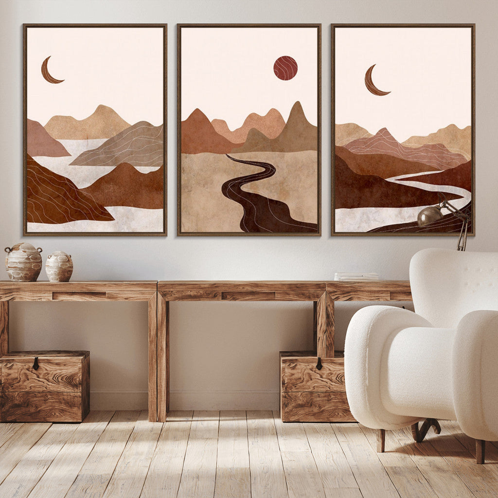 Boho Wall Art Canvas Print Set | Mid-Century Bohemian Wall Artwork, Boho Neutral