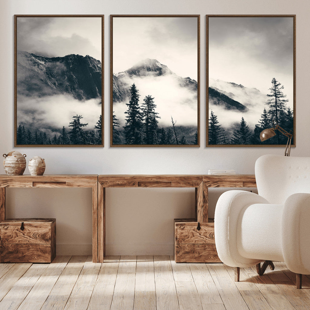 Forest Mountain Print | Black and White Canvas Wall Art with Misty Forest Design