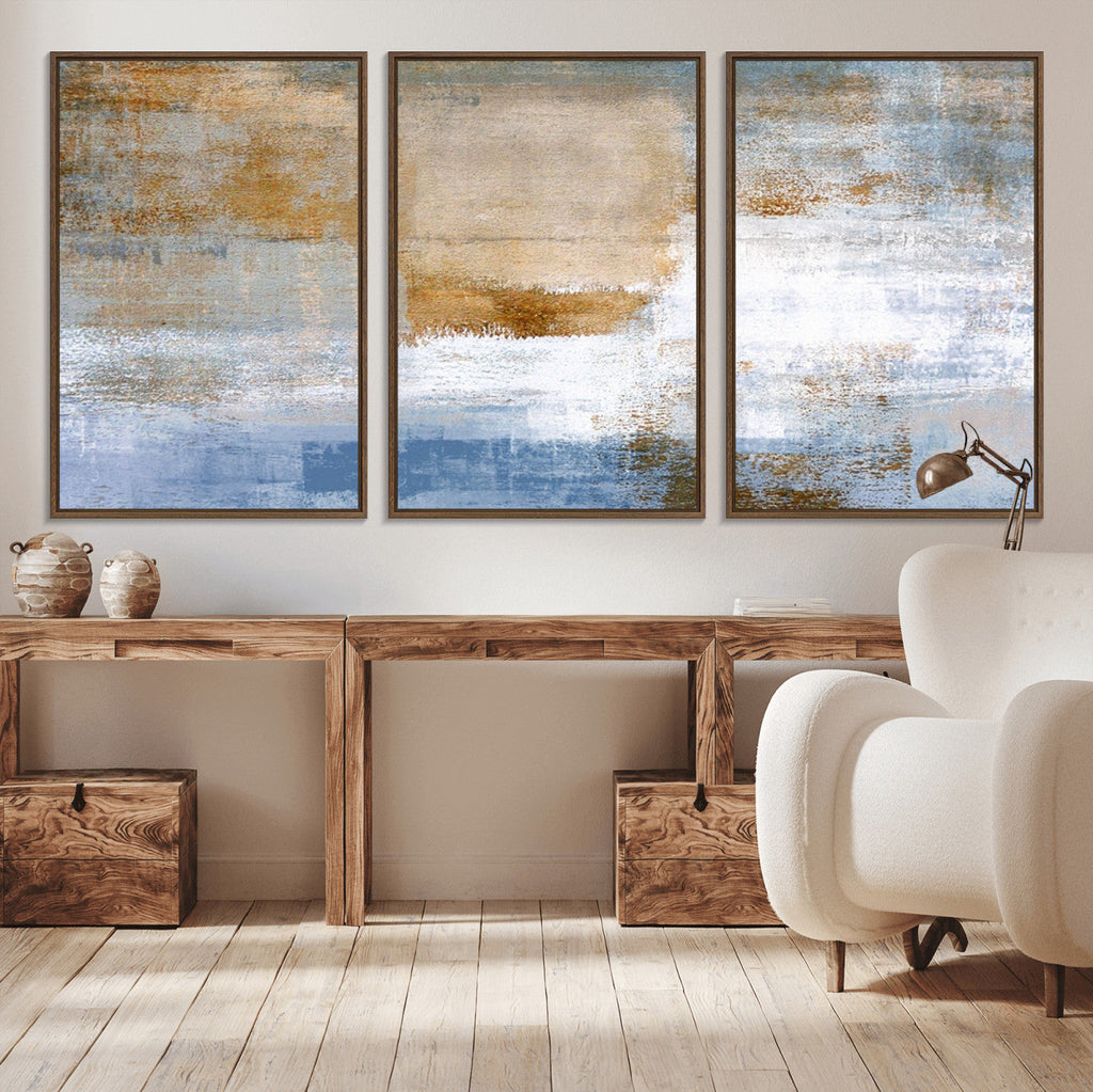 Blue Multi Panel Abstract Wall Art Canvas, Abstract Blue and Gold Canvas Print