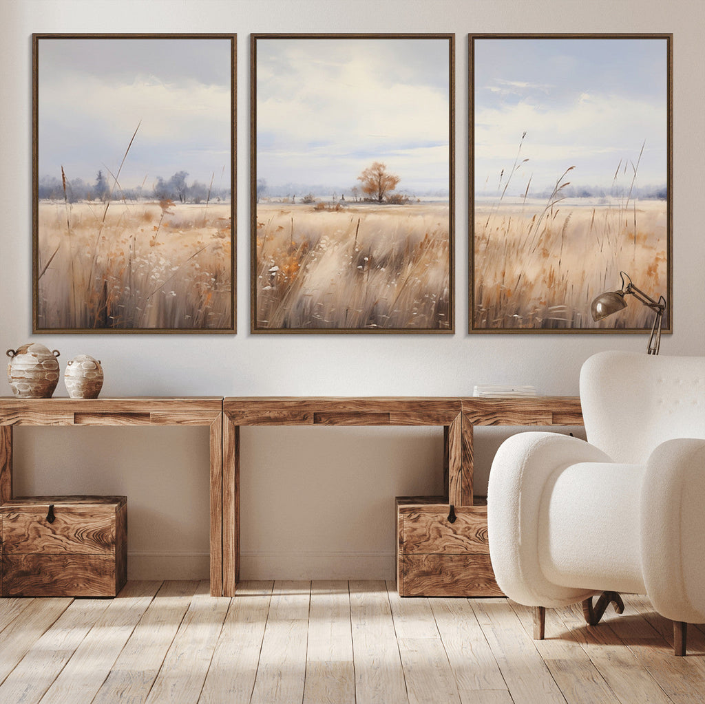 Golden Fields Wall Art Print Canvas | Serene Minimalist Landscape for Farmhouse Decor