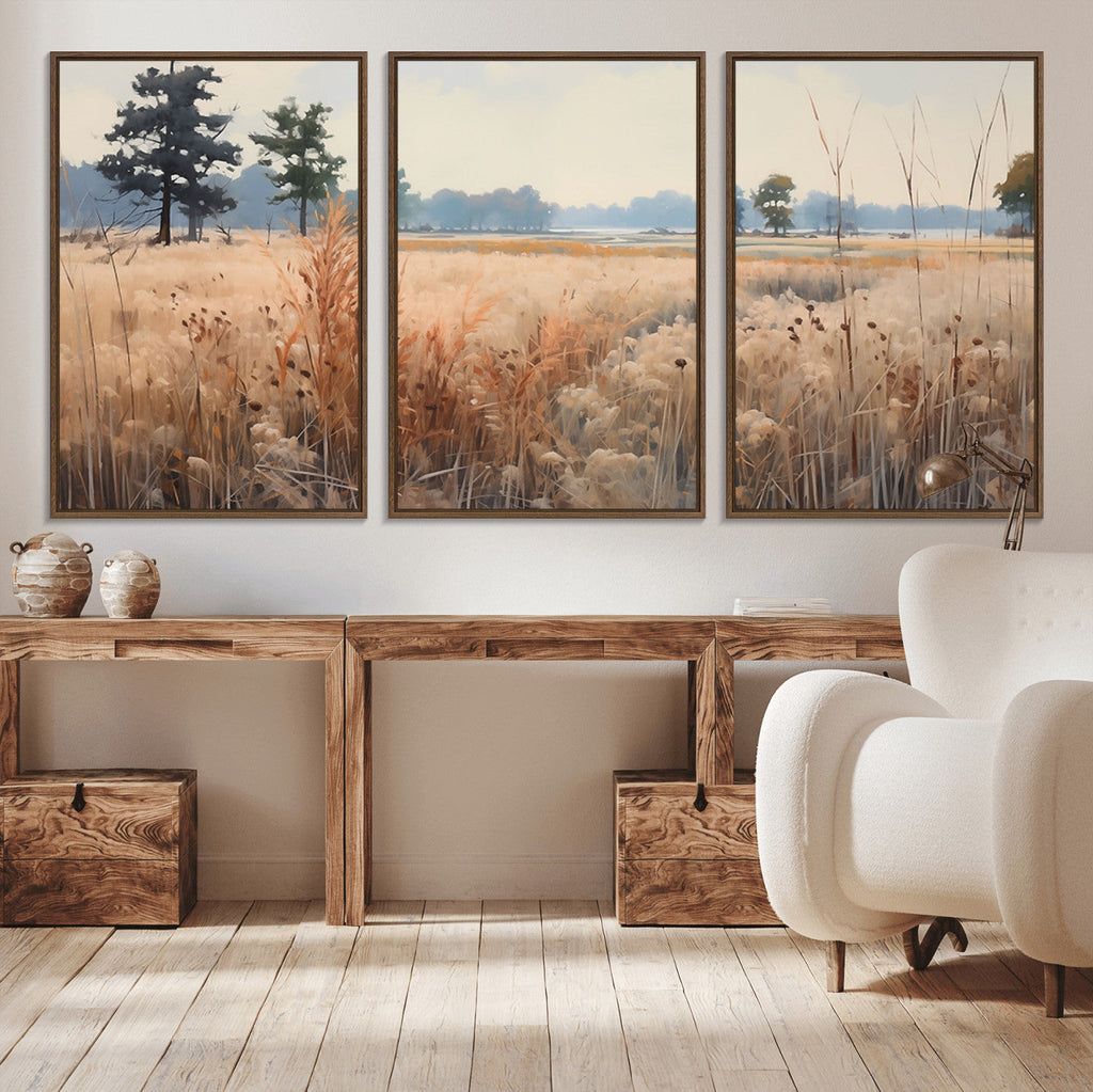 Golden Fields Canvas Wall Art Print | Serene Minimalist Landscape for Modern Decor