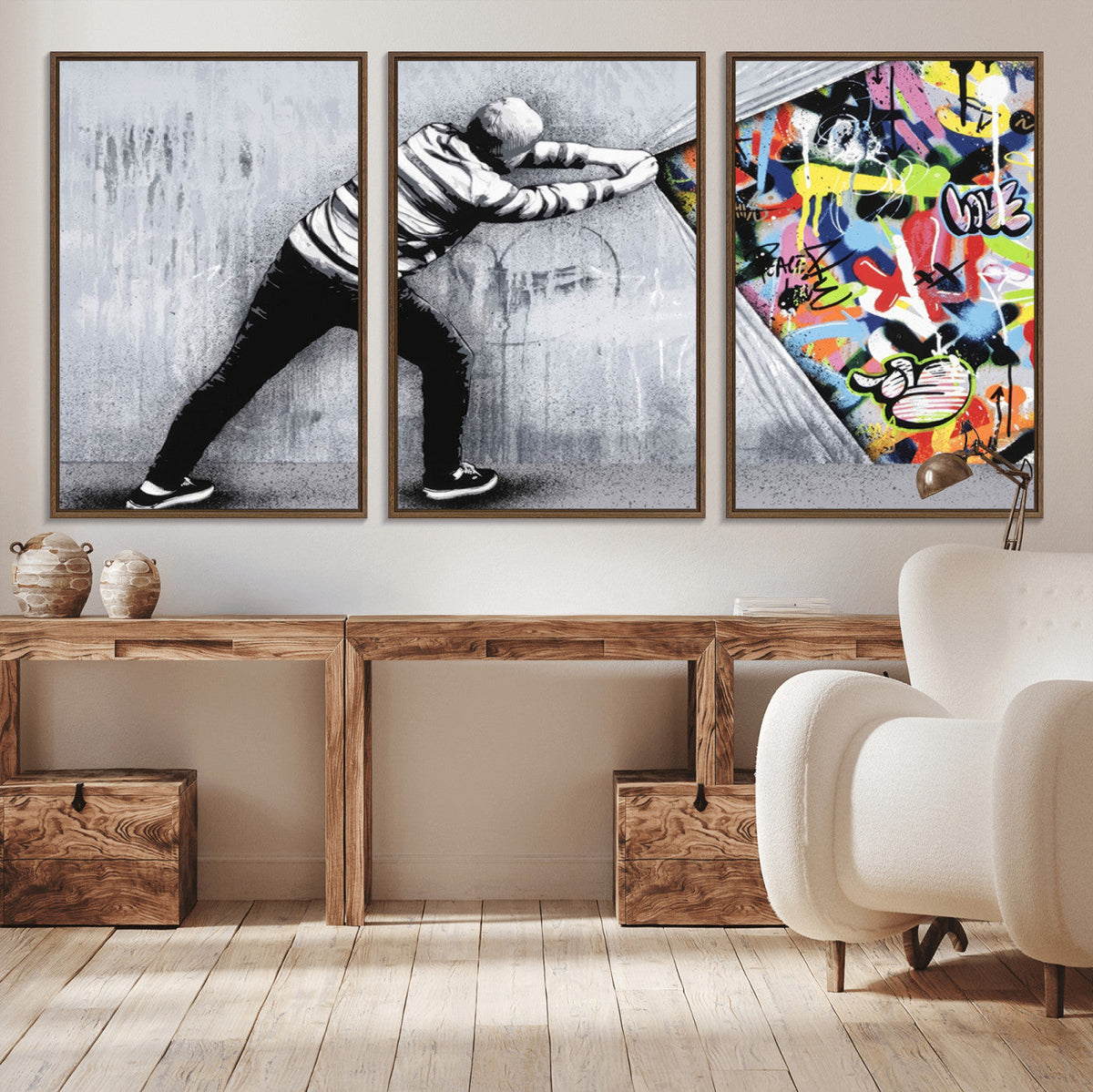 Banksy Art Behind the Curtain Street Wall Art Canvas Print | Urban Graffiti Style Wall Decor