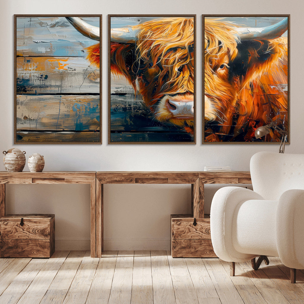 Highland Cow Abstract Canvas Wall Art, Bold Farmhouse Decor