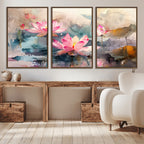 Lotus Flower Wall Art | 3 Panel Giclee Canvas Print of Pink Lotus Blossoms