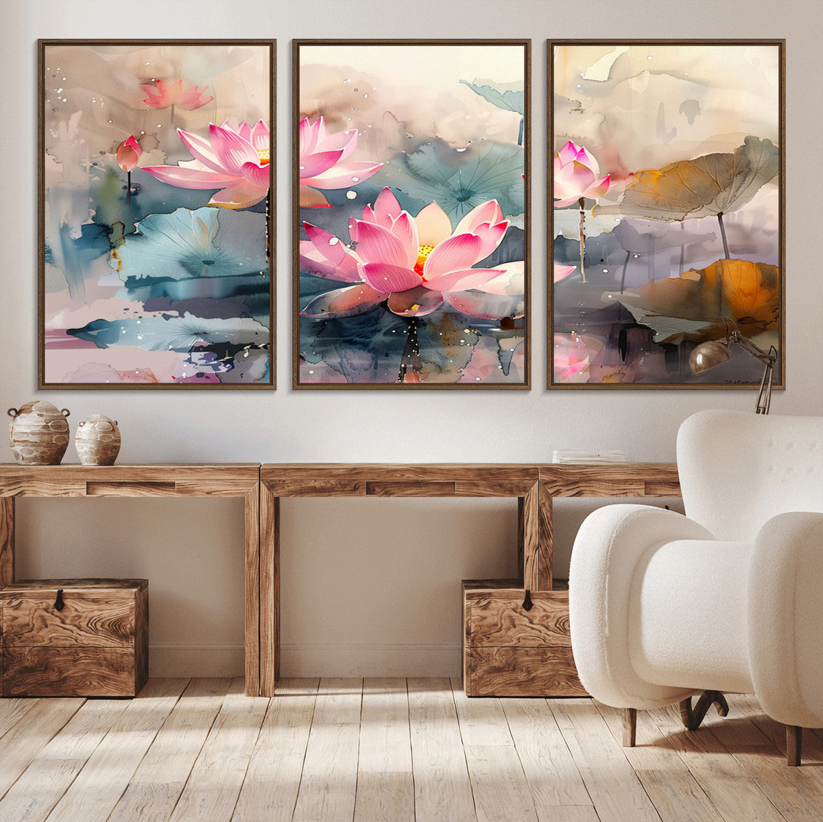 Lotus Flower Wall Art | 3 Panel Giclee Canvas Print of Pink Lotus Blossoms