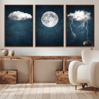 3 Piece Indigo Cloud Wall Art, Thunderstorm Moon Cloud Artwork