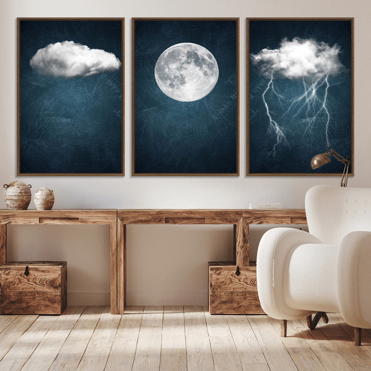 3 Piece Indigo Cloud Wall Art, Thunderstorm Moon Cloud Artwork