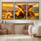 Scottish Cow and Baby Cow Canvas Wall Art Animal Print