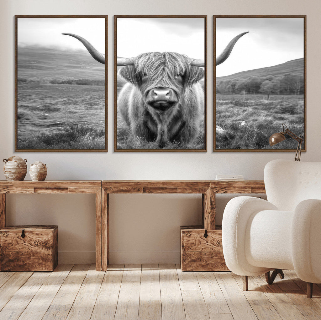 Black White Scottish Highland Cow Canvas Farm Wall Art