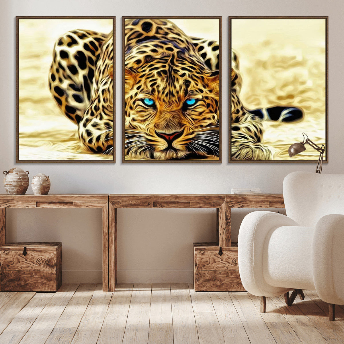 Blue-Eyed Leopard Canvas Wall Art, Framed Animal Print, Fierce and Bold Decor for Living Rooms