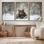 Grizzly Bear Wall Art | Framed Snowy Forest Canvas Artwork