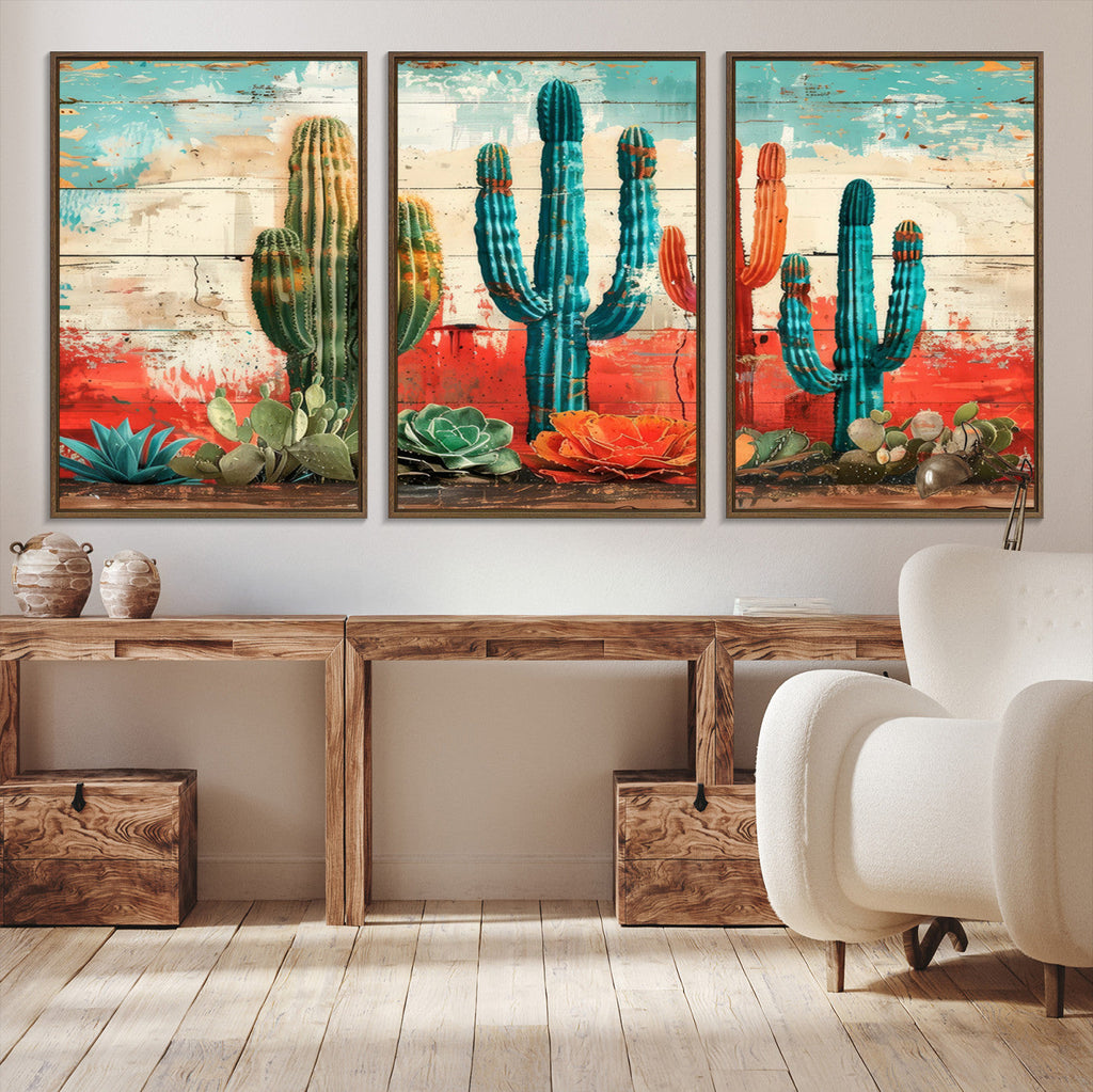 Colorful Cacti Wall Art | Framed Vibrant Succulent Canvas