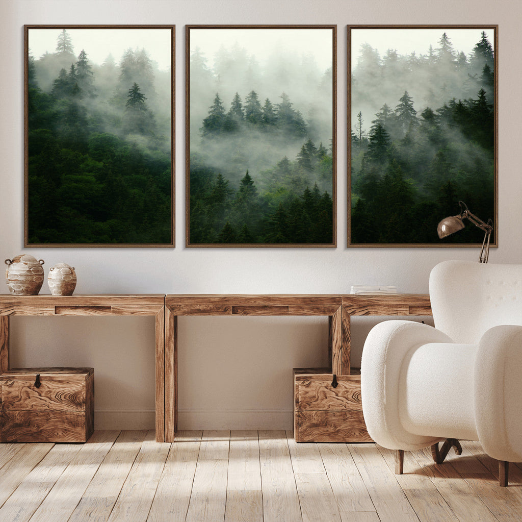 Misty Forest Wall Art | Tranquil Green Woodland Canvas Print