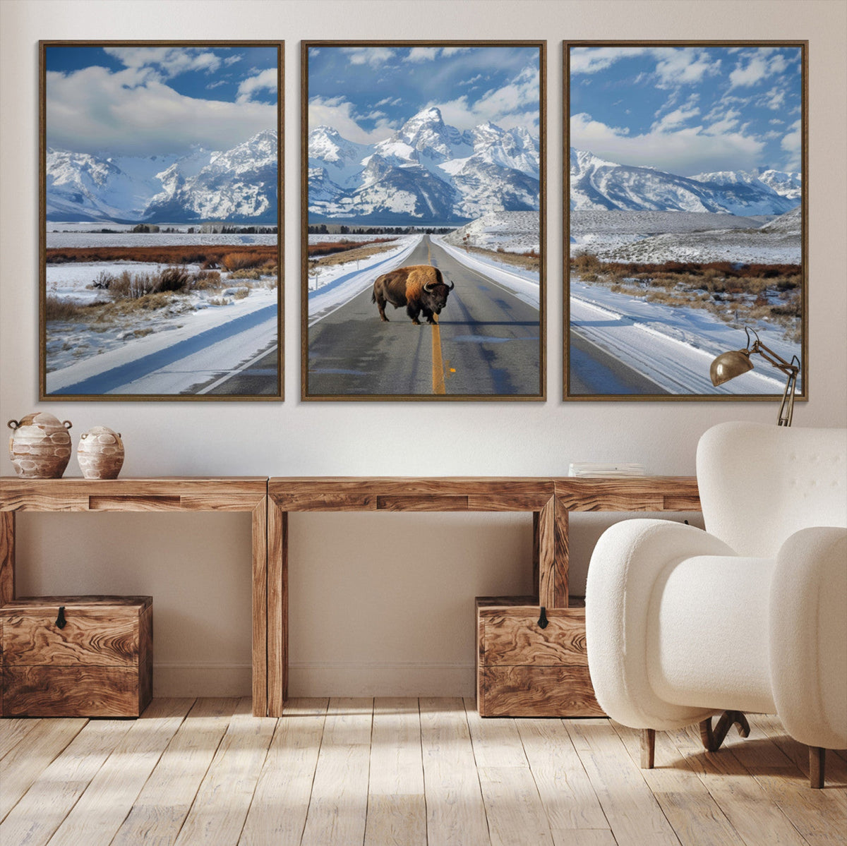 Bison Wall Art | Snowy Road Wall Art | Framed Mountain Landscape Canvas