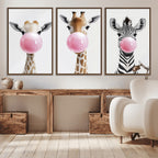 Bubblegum Animals Canvas Wall Art, Playful Giraffe and Zebra Trio, Whimsical Nursery and Kids Room Decor