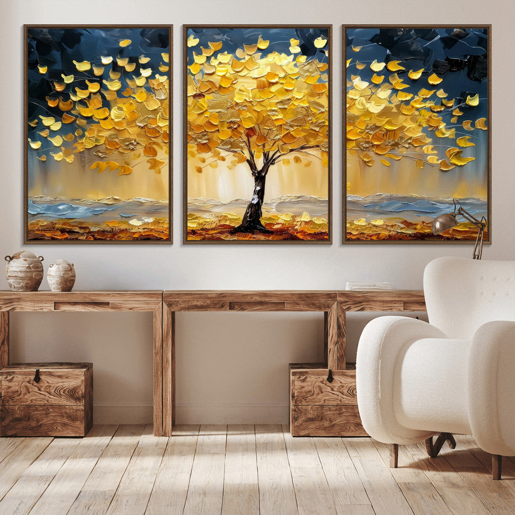 Golden Autumn Tree Wall Art | Framed Fall Leaves Canvas