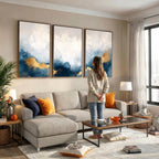 Abstract Blue and Gold Clouds Wall Art Canvas Print, Framed Modern Landscape Artwork