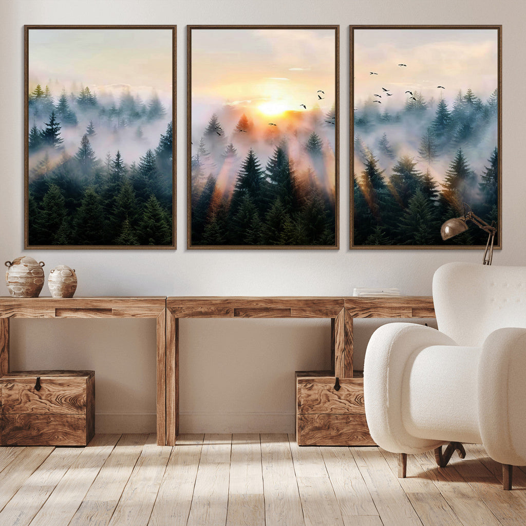 Abstract Forest Wall Art, Serene Nature Canvas Print with Misty Forest Design for Modern Home Decor