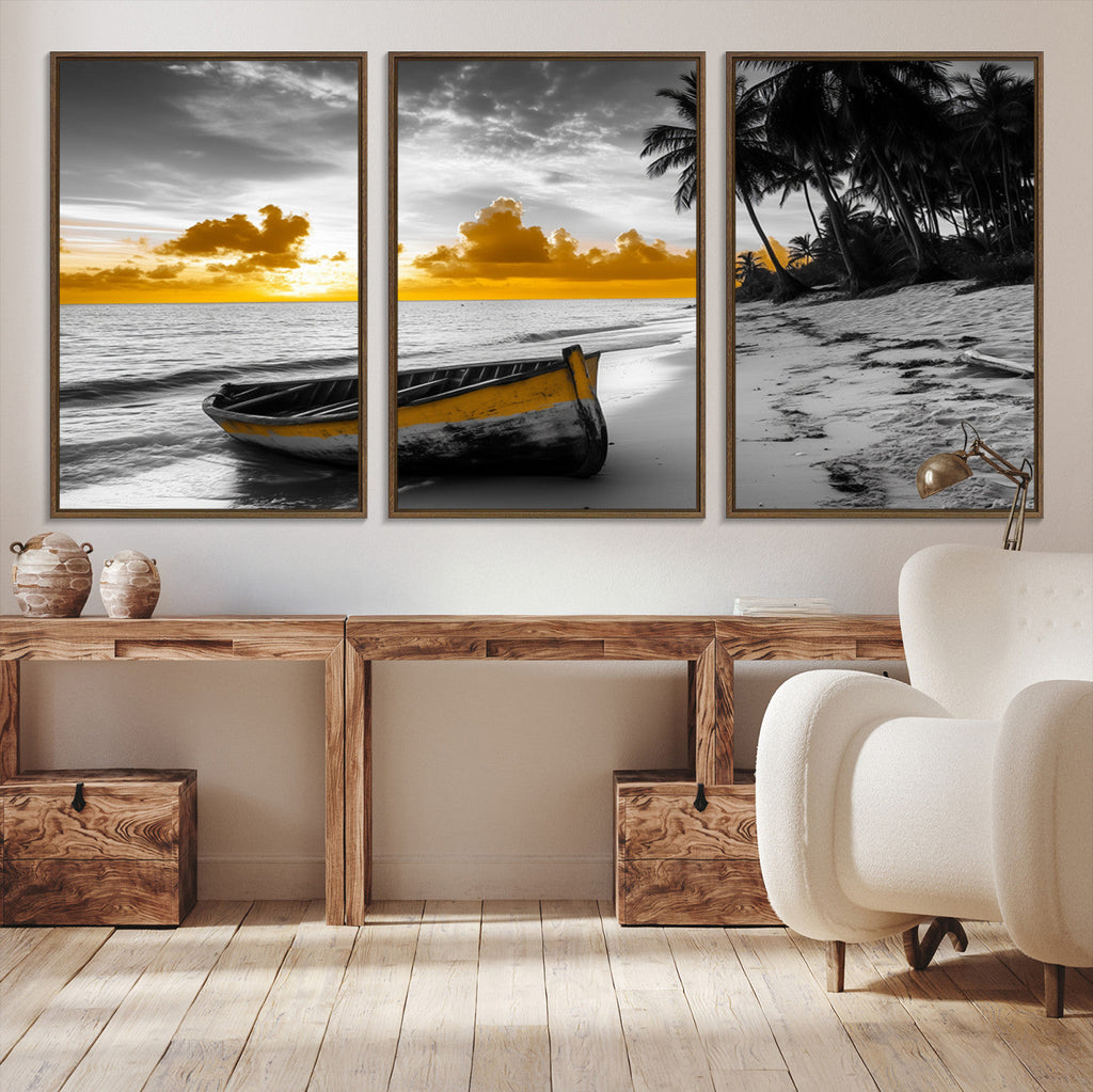 Yellow Rowboat Wall Art | Framed Tropical Shoreline Canvas