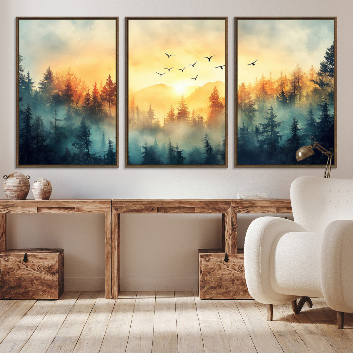 Sunrise Forest Wall Art | Framed Misty Pines Canvas Artwork