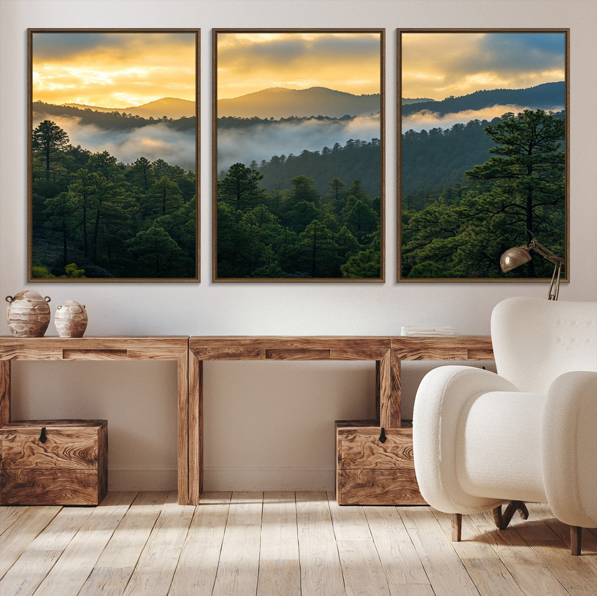 Mountain Sunrise Wall Art | Framed Pine Forest Canvas
