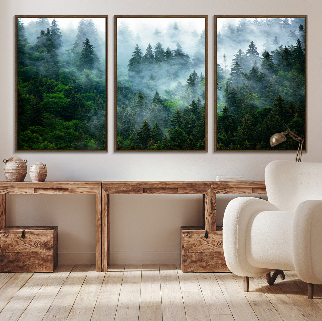 Misty Forest Wall Art Canvas Print | Framed Foggy Mountain Landscape