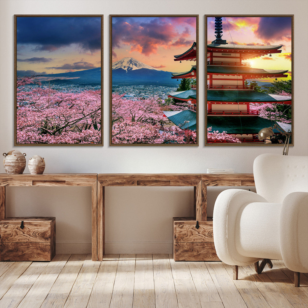 Mount Fuji Cherry Blossom Wall Art Canvas Print | Framed Pagoda Sunset