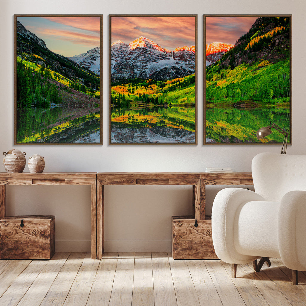 Sunset Glow Mountain Wall Art Canvas Print | Peaks, Green Forest and Lake