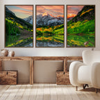 Sunset Glow Mountain Wall Art Canvas Print | Peaks, Green Forest and Lake