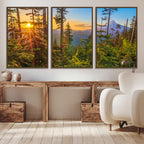 Forest Sunset Wall Art Canvas Print | Green Pines in Golden Light
