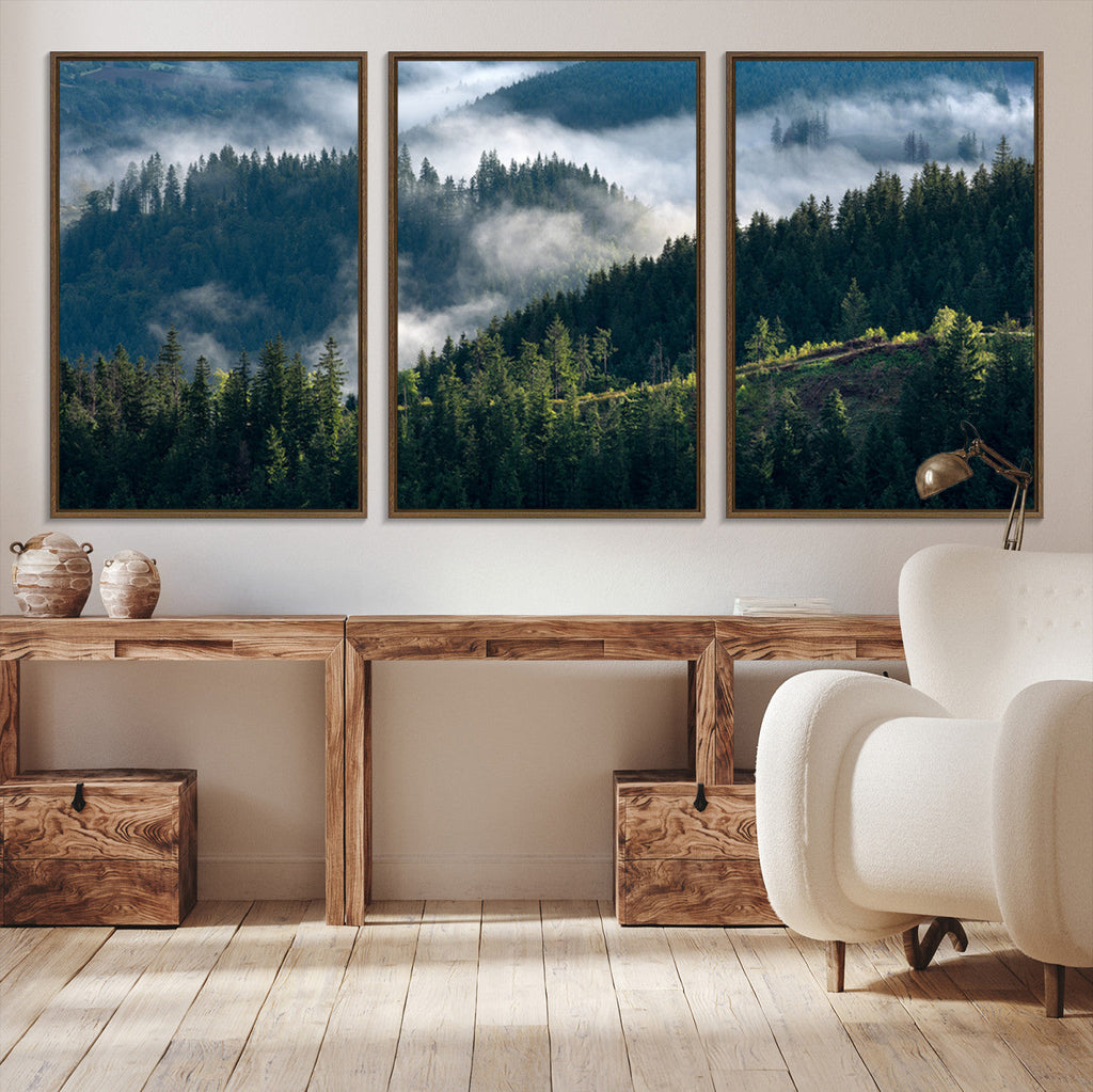 Misty Forest Wall Art Canvas Print | Pine Hills with Foggy Trees
