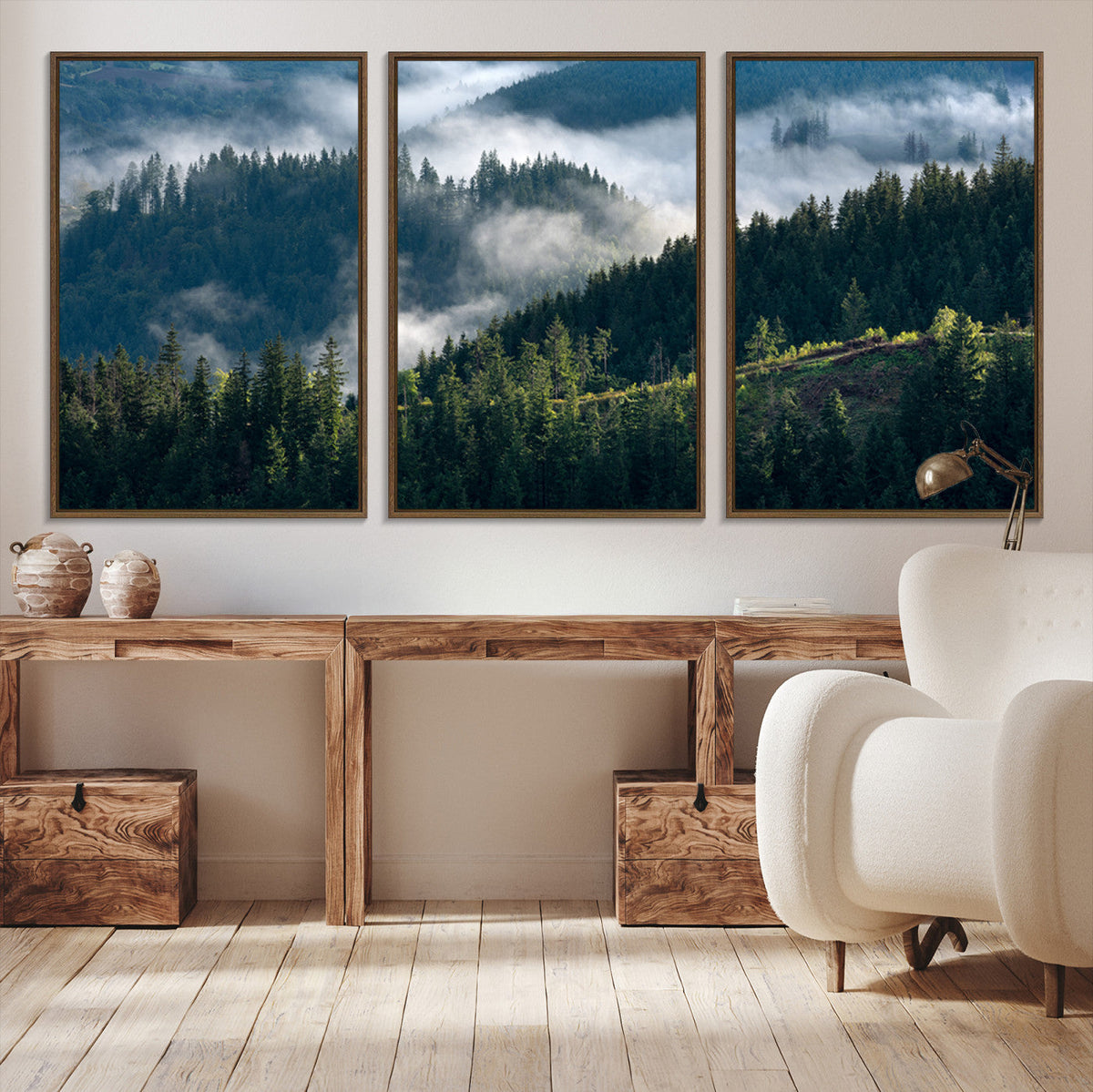 Misty Forest Wall Art Canvas Print | Pine Hills with Foggy Trees