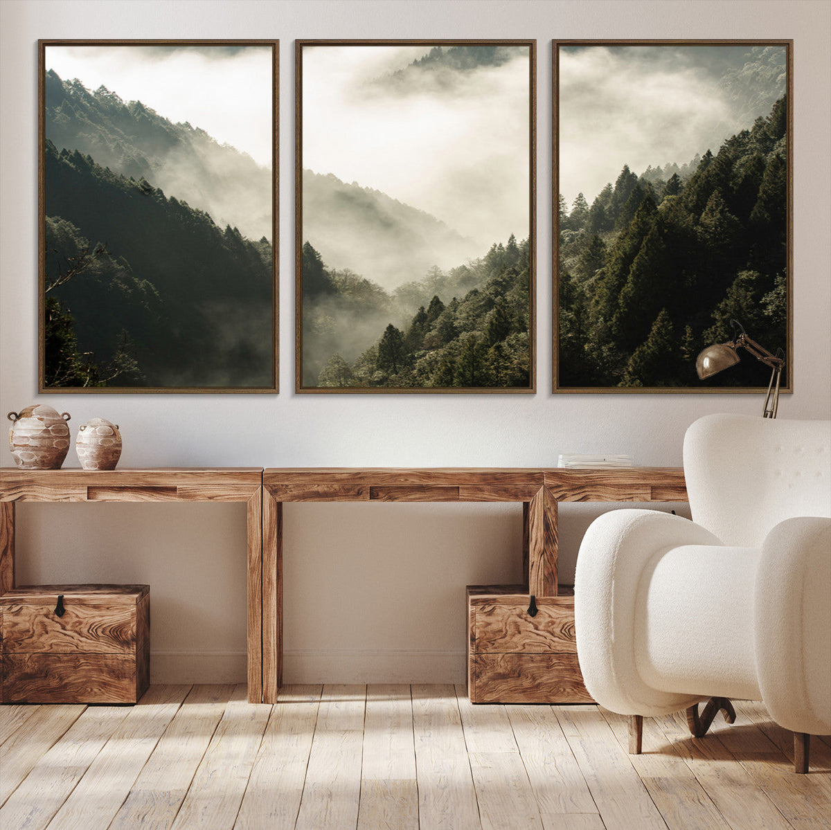 Misty Valley Wall Art Canvas Print | Foggy Forest and Pine Trees