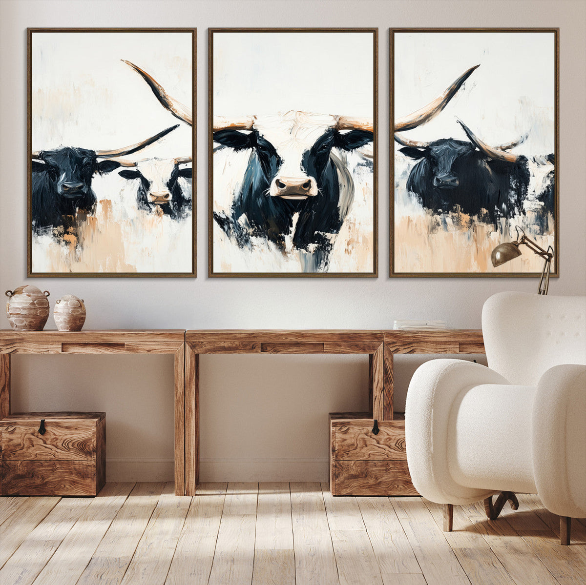 Texas Longhorn Wall Art Canvas Print | Majestic Horned Bull in Black and White