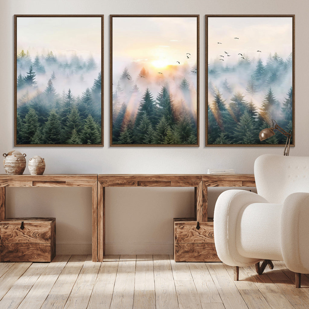 Misty Pine Forest Wall Art Canvas, Sunrise Over Foggy Trees