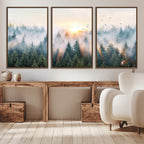Misty Pine Forest Wall Art Canvas, Sunrise Over Foggy Trees